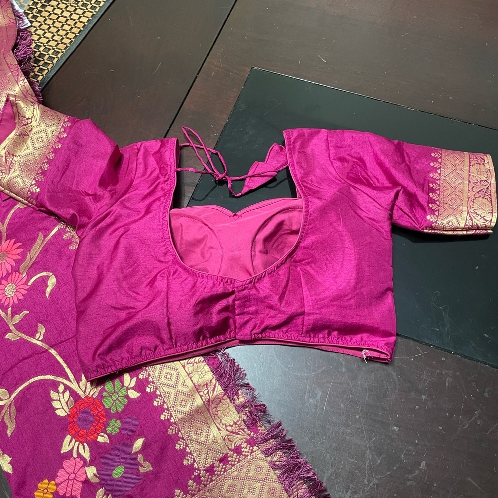 Vibrant purplish ready to wear saree  Blouse with Gold Accents